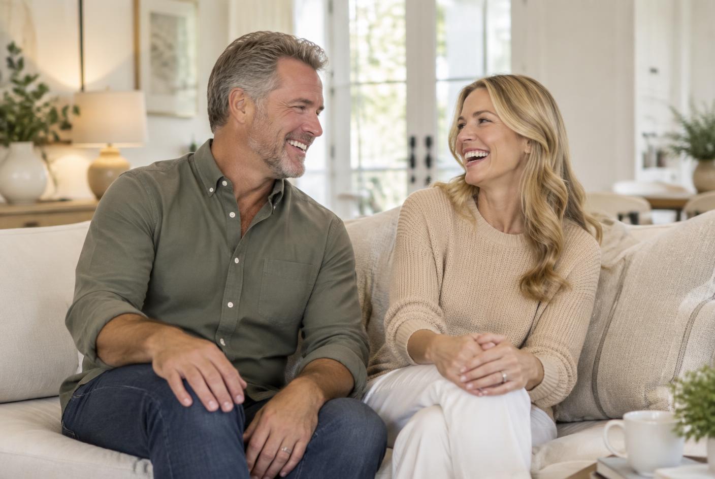 Couple in their early forties laughing together on a sofa in bright daylight