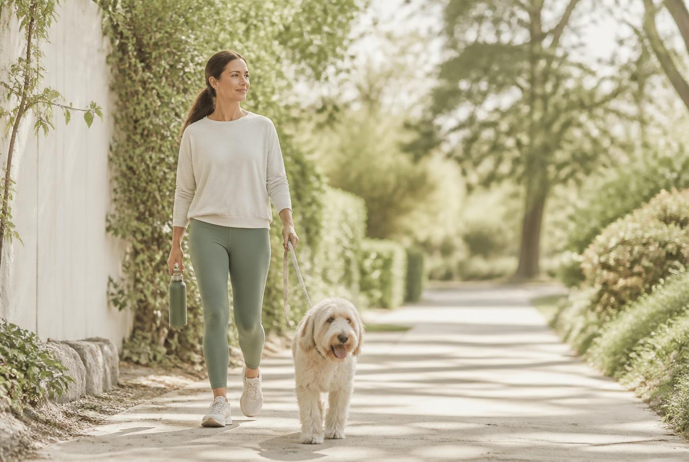 Woman in her late 30s walking her dog on a sunlit path